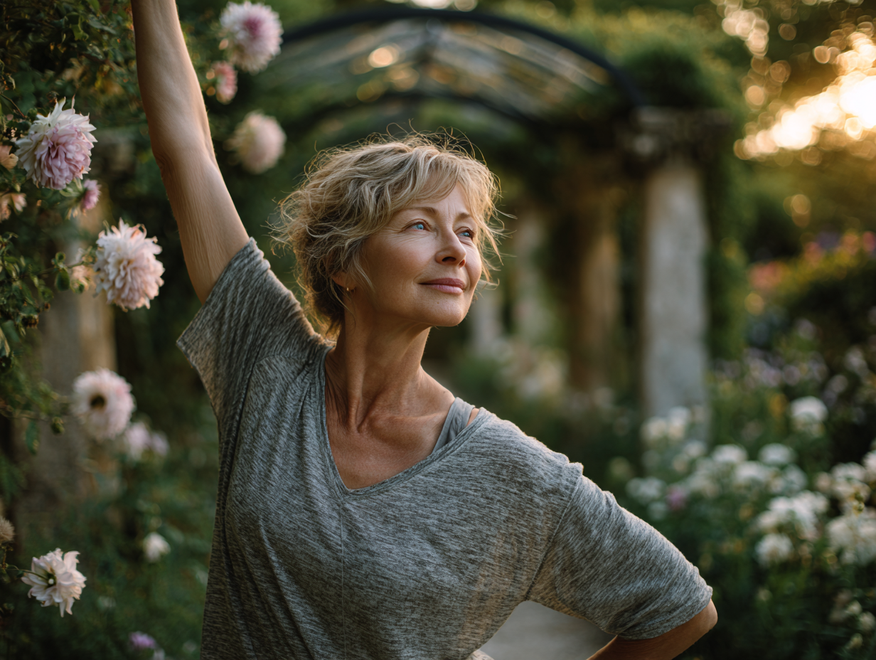 Група людей середнього віку займається йогою на природі