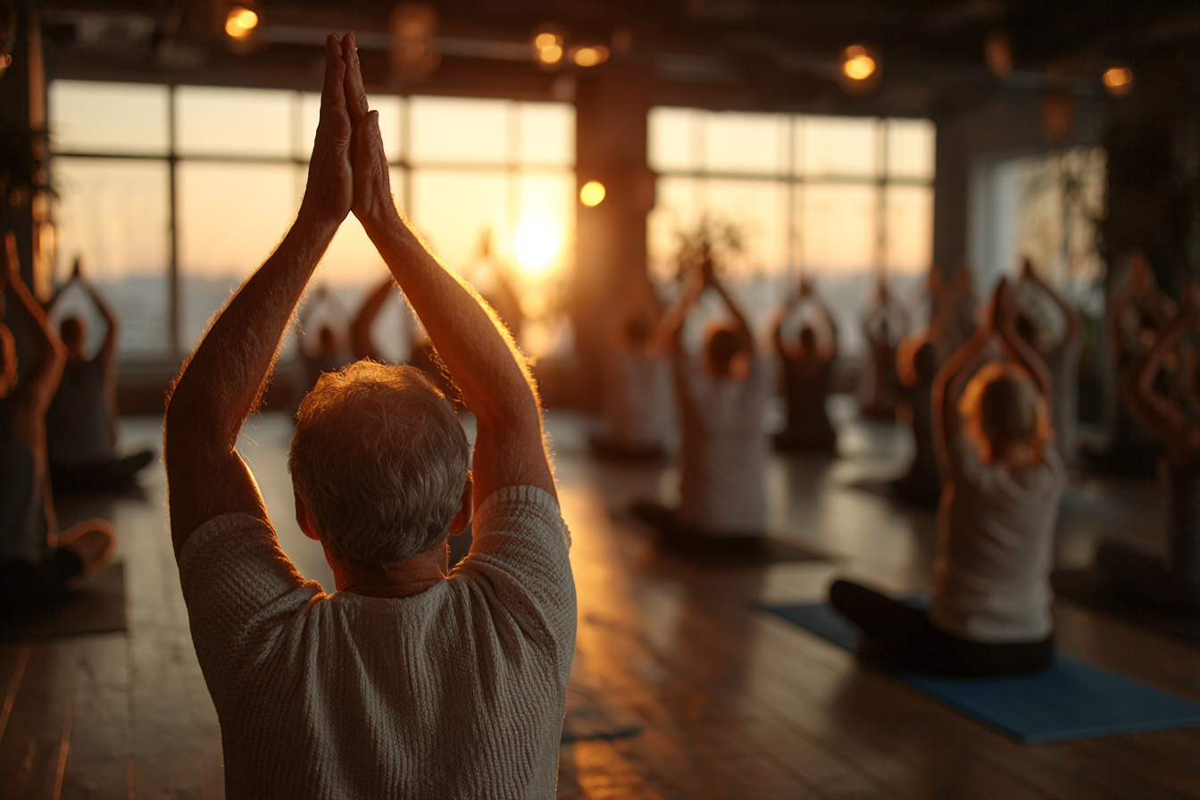 Волонтери допомагають літній жінці освоювати планшет для занять йогою